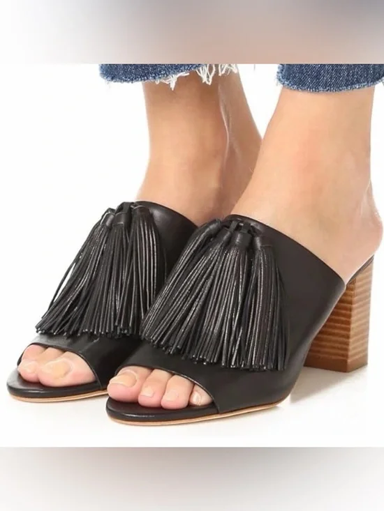 LOEFFLER RANDALL Cleo Black Tassel Leather Block Heel Sandal Mules + Box - Picture 15 of 16